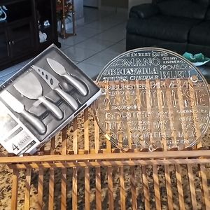 Stainless Steel Cheese Knives Set Plus Clear Heavy Glass Cheese Platter..